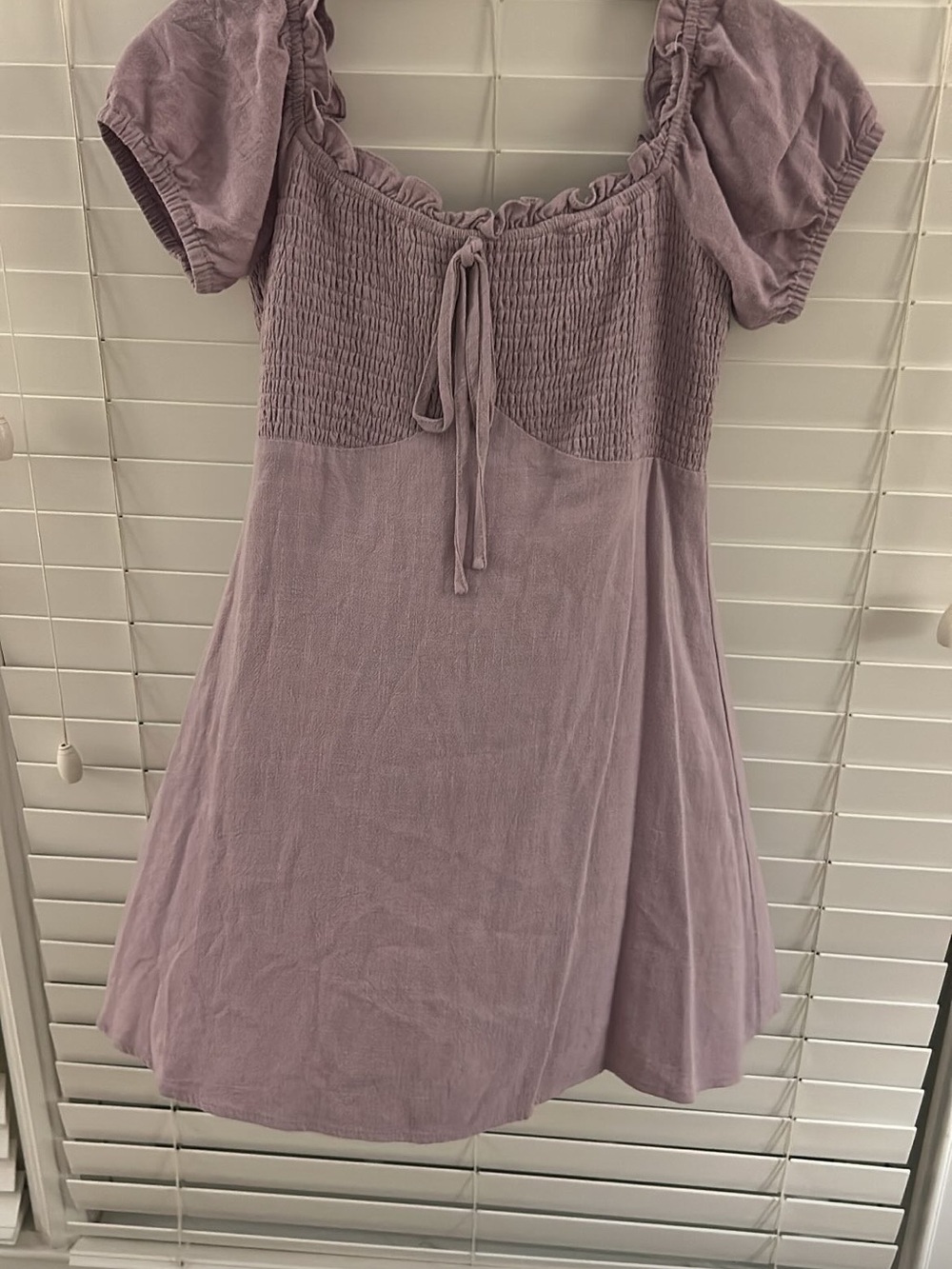Smocked Square-Neck Mini Dress in Dusty Lavender Altard state